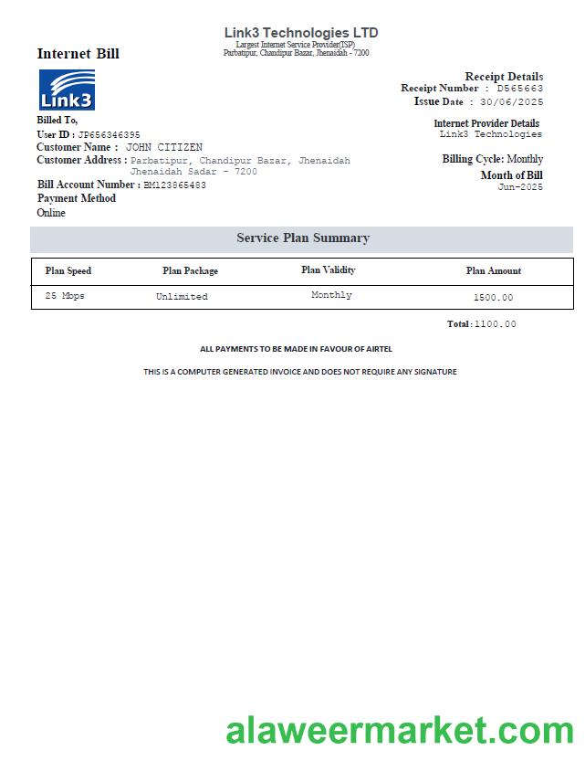Bangladesh Link3 Technologies LTD utlity bill template in Word and PDF formats
